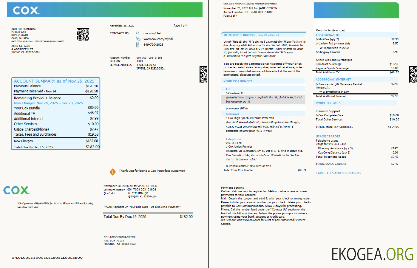 USA Cox utility bill template in Word and PDF formats, 4 pages, 1 2 pages
